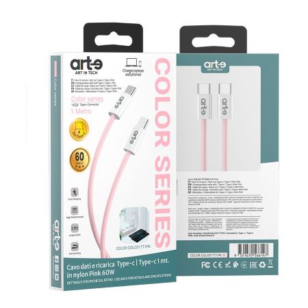 Cavo Arte USB-C a USB-C 60w Nylon Rosa 1m