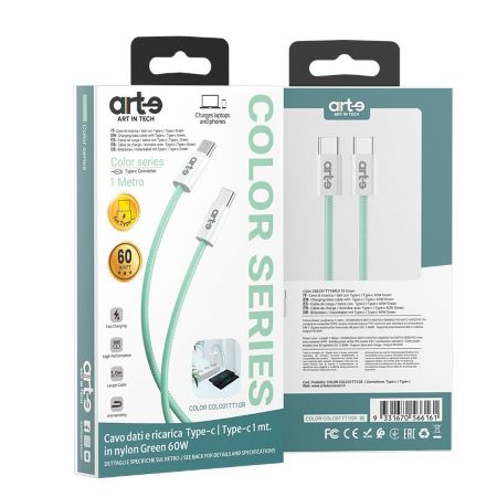 Cavo Arte USB-C a USB-C 60w Nylon Verde 1m